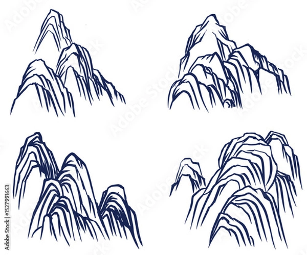 Fototapeta Chinese Hand Drawn Mountain Vector Illustration – Minimal Landscape Line Art in Ink Style for Eastern Design Themes, Book Covers, and Decor Elements
