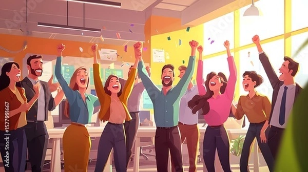 Obraz Joyful group of people celebrating together with cheers and smiles in a festive atmosphere