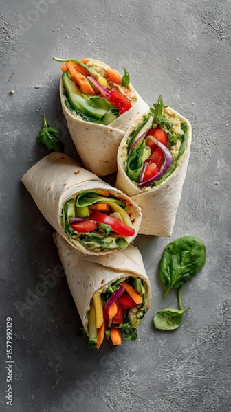 Obraz A stack of vegetable wraps with carrots, cucumbers, tomatoes, and greens on a gray surface