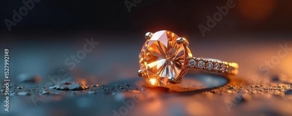 Fototapeta Gleaming brilliant-cut diamond ring, warm light, smooth surface , light, precious, macro