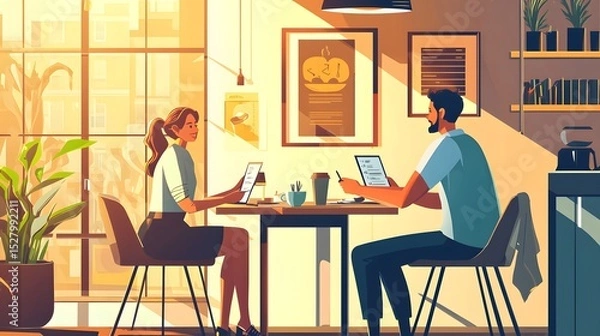 Obraz A man and woman sitting at a table in a cozy coffee shop enjoying each other's company and laughter