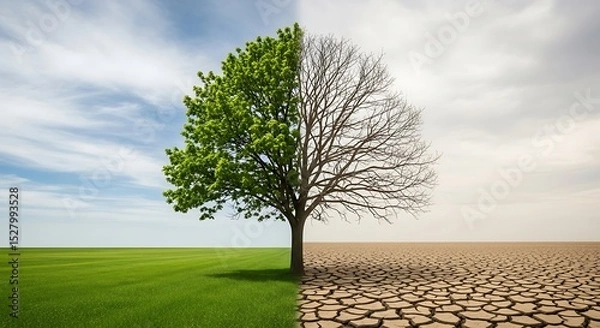 Fototapeta Tree Showing Climate Change Impact on Landscape with Contrasting Environment