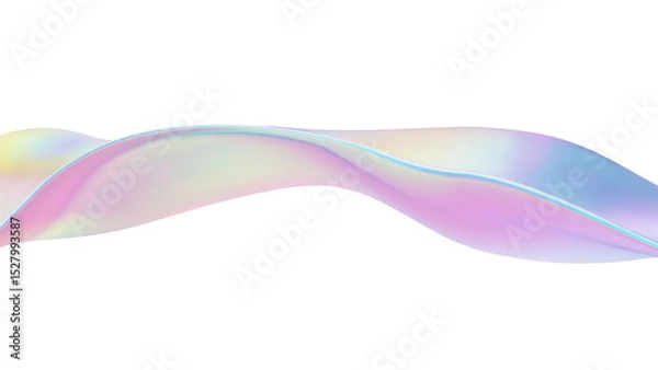 Fototapeta 3D Iridescent abstract wave liquid background with glass ribbon fluid shapes. Blue gradient holographic elements create iridescent flow and soft texture. Smooth flowing design on white background