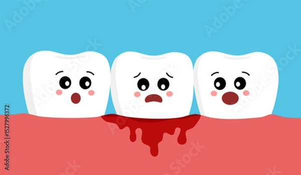 Obraz Cute cartoon tooth character with gum problem. Dental care concept, gingivitis and bleeding. Illustration
