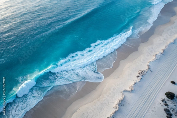 Fototapeta Aerial view of beautiful beach with turquoise waves