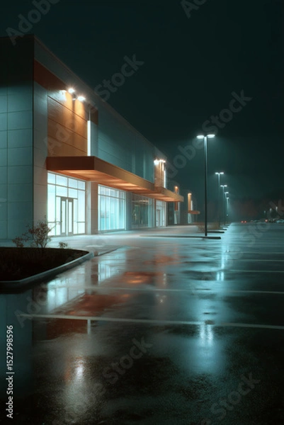 Fototapeta Modern building exterior at night with wet parking lot reflecting lights under a dark, overcast sky.