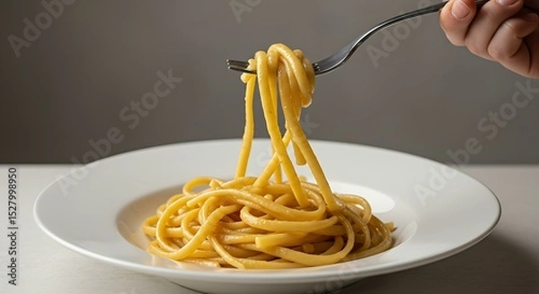 Fototapeta Pasta being twirled on a fork over a white plate