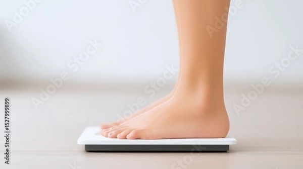 Fototapeta Person standing on a weight scale indoors for health and wellness measurement in the Morning.