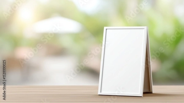 Fototapeta Simple white stand mockup on light wooden table in outdoor cafe setting, advertising space available.