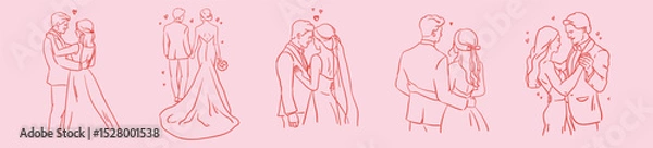 Obraz Elegant hand drawn newlyweds set. Just married couple. Cute wedding with bride and groom, wife, husband in coquette line style.Unique doodle sketched vector illustrations for invitations, anniversary.