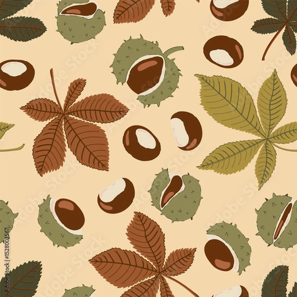 Fototapeta horse chestnut seeds and leaves autumn seamless pattern. Fall ornament for fabric, wrapping