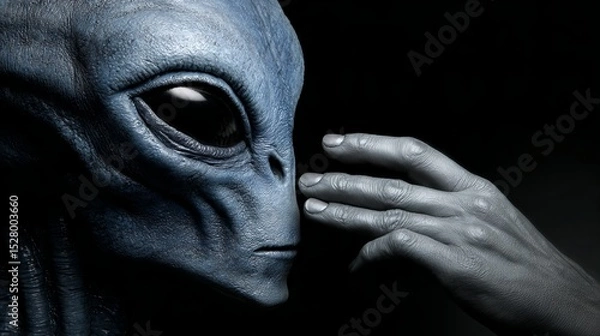 Fototapeta Human hand touching alien's face, concept of alien-human interaction