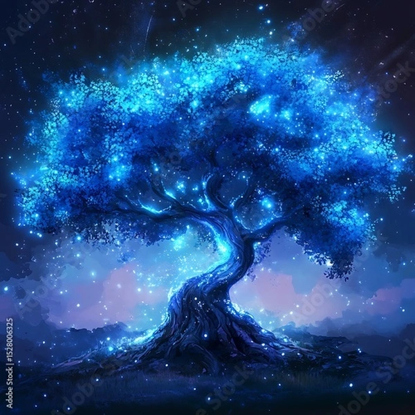 Obraz Fantasy illustration of a glowing tree with blue lights in nature