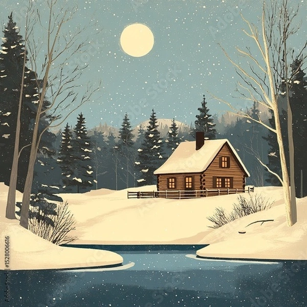 Obraz A stylized retro postcard showcasing a cozy winter cabin in a snowy landscape.