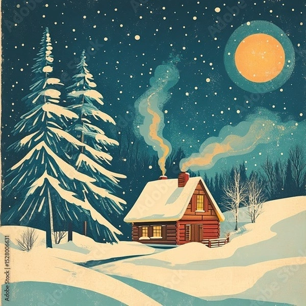 Obraz A stylized retro postcard showcasing a cozy winter cabin in a snowy landscape.