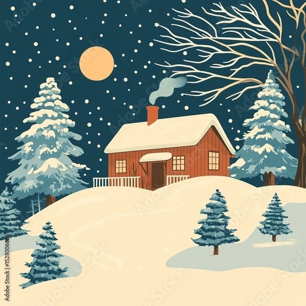 Obraz A stylized retro postcard showcasing a cozy winter cabin in a snowy landscape.