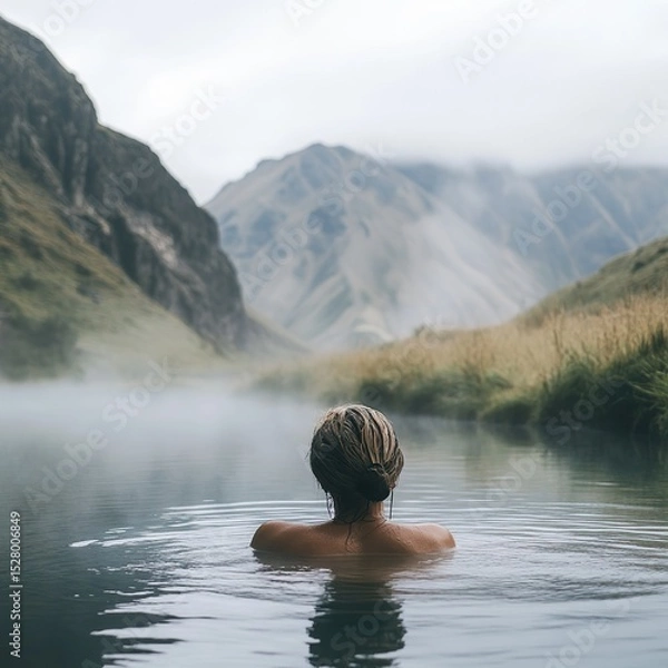 Obraz A traveler soaking in a natural hot spring with misty mountains in the background.