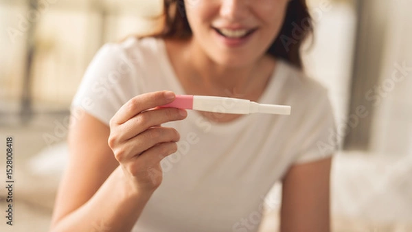 Fototapeta A woman holding a pregnancy test. She is smiling and she is happy about the result