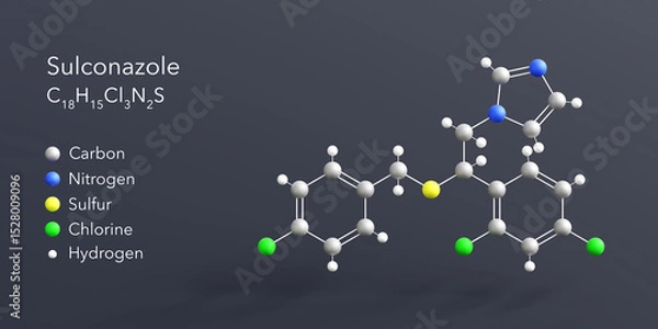 Fototapeta sulconazole molecule 3d rendering, flat molecular structure with chemical formula and atoms color coding
