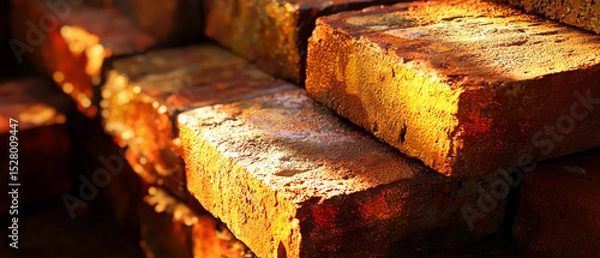 Obraz Close-up of a weathered brick wall illuminated by sunlight, with a golden hue highlighting, shimmer the texture and reddish-brown color of the bricks.