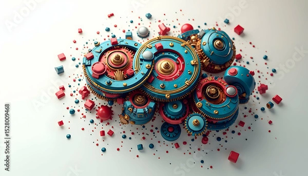 Fototapeta Intricate Mechanical Design: Circular Blue and Red Elements on White Backdrop