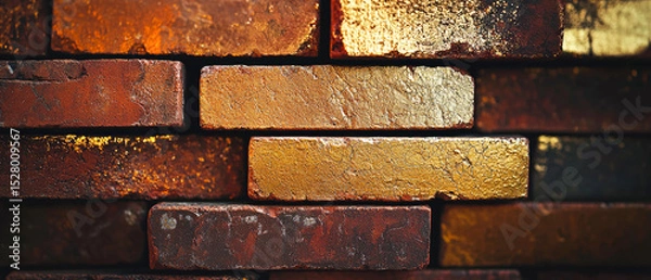 Obraz Close-up of a weathered brick wall illuminated by sunlight, with a golden hue highlighting, shimmer the texture and reddish-brown color of the bricks.