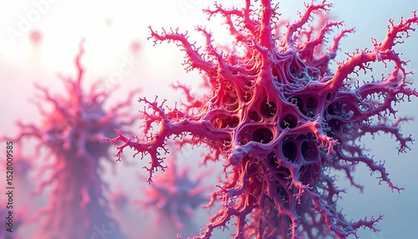 Fototapeta Abstract microscopic organic structure with detailed branches and voids in pink