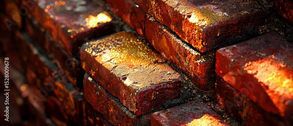 Obraz Close-up of a weathered brick wall illuminated by sunlight, with a golden hue highlighting, shimmer the texture and reddish-brown color of the bricks.