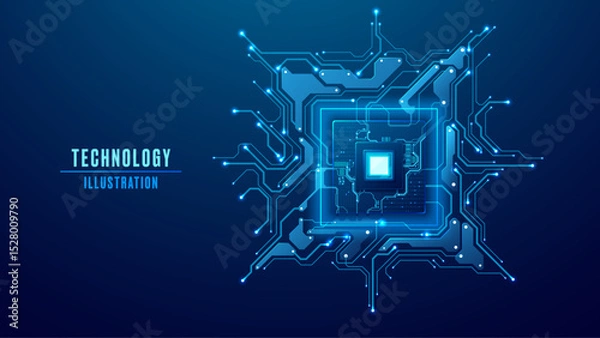 Fototapeta AI digital chip with circuit board components on a technology blue background. Abstract tech semiconductor. Computers and electronics innovation concept. Vector illustration.
