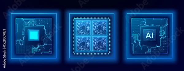 Fototapeta Digital AI chip, semiconductor, and CPU on dark blue technology background. Tech microchips set with circuit board components. Artificial Intelligence innovation and computer electronics concept. 