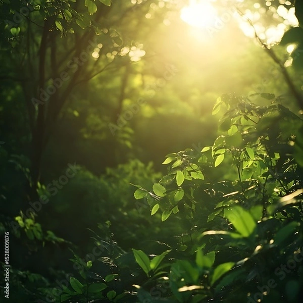 Obraz Enchanting forest scene with warm sunlight streaming through tall trees creating a dreamy view