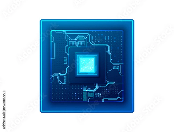 Fototapeta Abstract isolated digital AI chip with neon circuit board components. Artificial Intelligence semiconductor in technology blue. Tech vector illustration. 