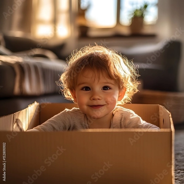 Obraz Little girl happily sitting inside a cardboard box with a smile and a sense of adventure