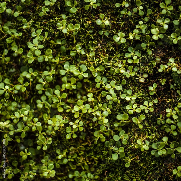 Obraz Close-up of lush green moss with tiny, vibrant leaves densely packed together, growing on a dark surface. The texture is soft and intricate, with natural light highlighting.