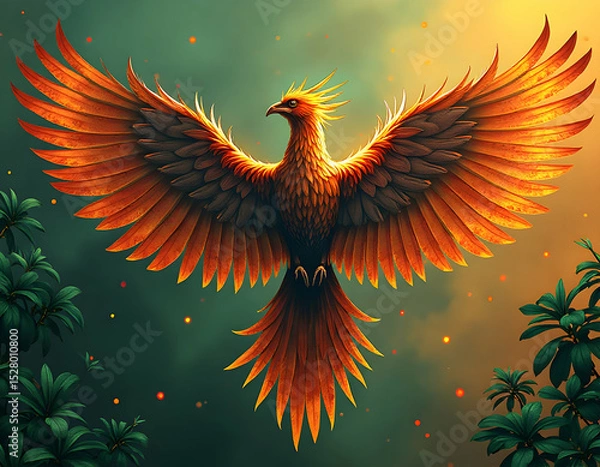 Fototapeta Majestic phoenix with fiery wings soaring against a twilight backdrop