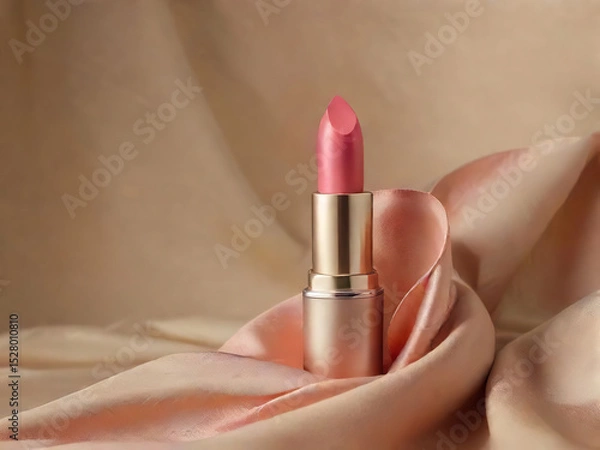 Obraz Pink lipstick in gold tube displayed elegantly on soft beige fabric, creating luxurious and feminine aesthetic