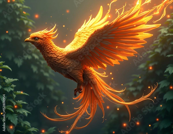 Fototapeta Fiery phoenix soars amid a forest of enchantment with magical embers