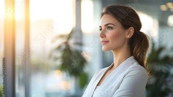 Obraz Businesswoman staring out of a window with a focused expression while considering future plans