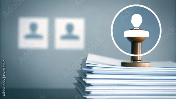 Fototapeta A stack of documents with a stamp featuring a human profile, symbolizing approval or recruitment, with blurred profiles in the background.