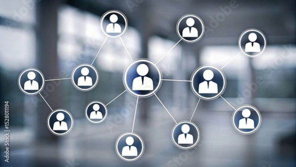 Fototapeta A digital network diagram shows interconnected user icons against a blurred office background, symbolizing teamwork, communication, and connectivity.