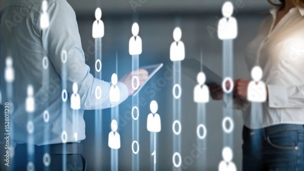 Fototapeta Two people discuss digital recruitment, surrounded by virtual human icons and data, symbolizing HR and technology integration.