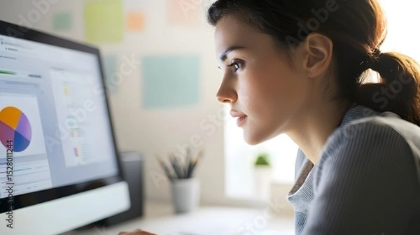 Obraz Focused woman looking at a computer screen while engaged in work or personal projects indoors