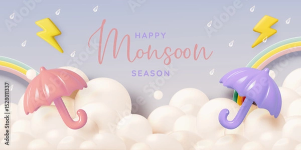 Fototapeta Peaceful Monsoon Season with Umbrella, Raindrops, and Clouds in Soft Pastel 3D Design