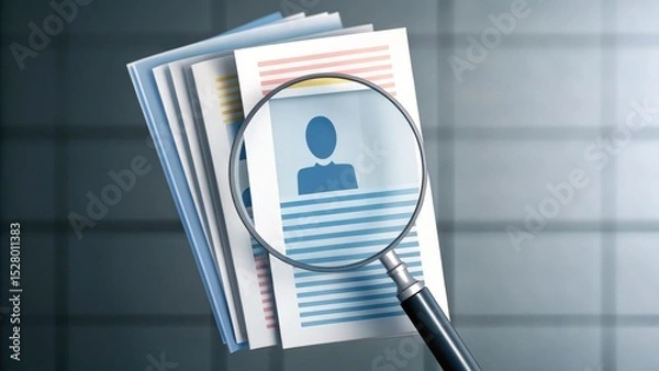 Fototapeta A magnifying glass focuses on a stack of resumes, highlighting the search for the right candidate.