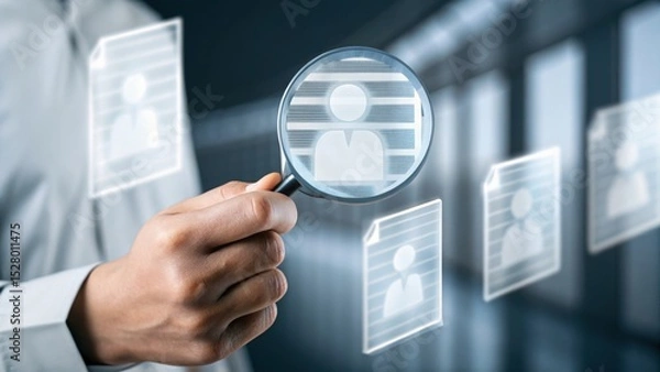Fototapeta Businessperson analyzing digital profiles with a magnifying glass, focusing on candidate selection and recruitment in a virtual environment.