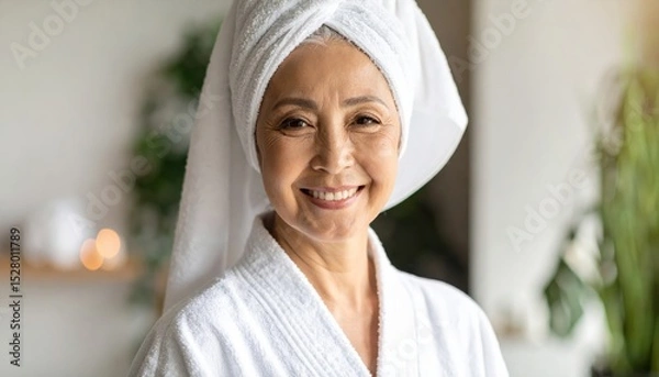 Obraz Smiling mature woman in a white bathrobe and towel, exuding warmth and relaxation in a serene spa-like environment