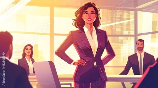 Obraz Confident woman in a suit standing before a group of diverse colleagues in a business meeting