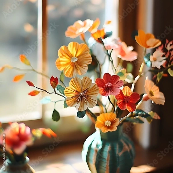 Obraz Beautiful vase of fresh flowers positioned gracefully in front of a bright window creating a nature scene