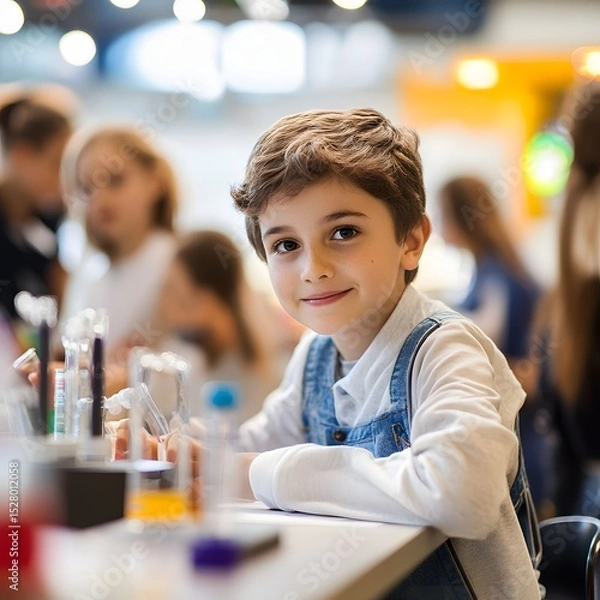 Obraz A young boy sitting at a table engrossed in creative activities with various art supplies nearby