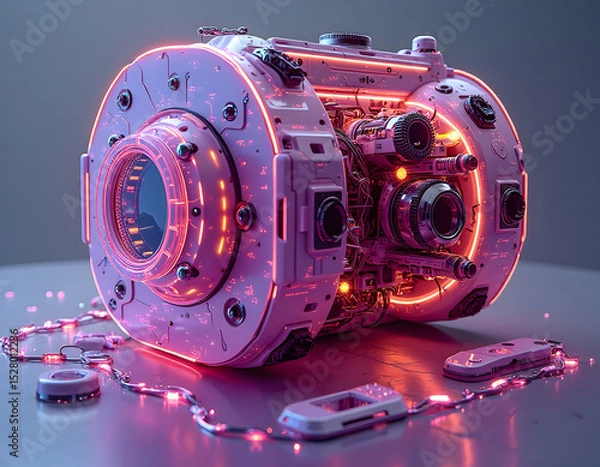 Fototapeta Futuristic robotic eye with intricate internal mechanisms and neon accents